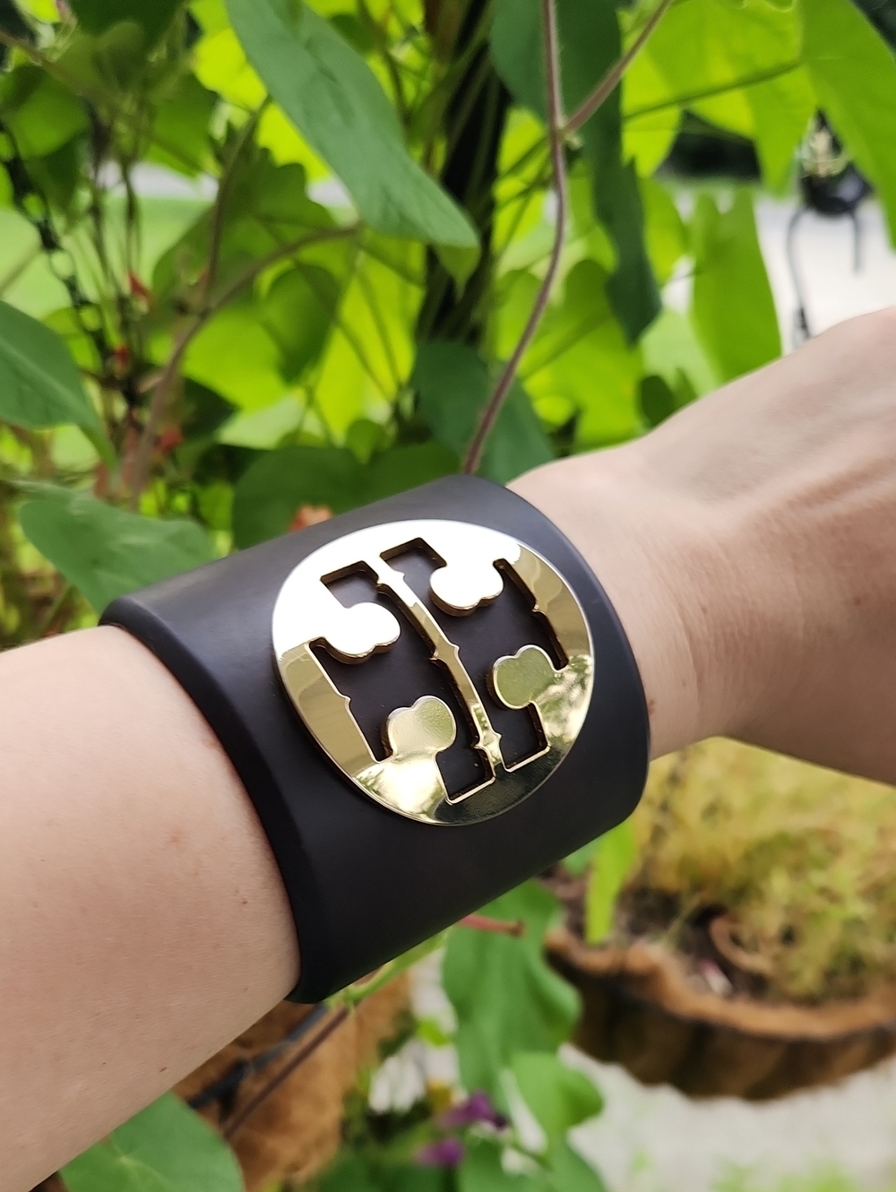 Tory Burch Brown Resin Cuff with Gold Logo Emblem